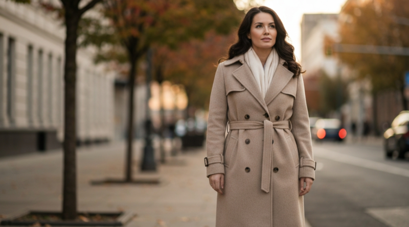Kobieta w beżowym płaszczu stojąca na ulicy miasta jesienią, styl casual, miękkie naturalne światło