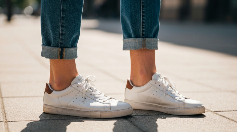 Nogi w podwiniętych jeansach i sneakersach na słonecznym miejskim chodniku