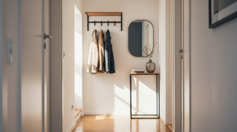 Jasny nowoczesny przedpokój z drewnianą podłogą, minimalistycznym wieszakiem i małą konsolą z lustrem.