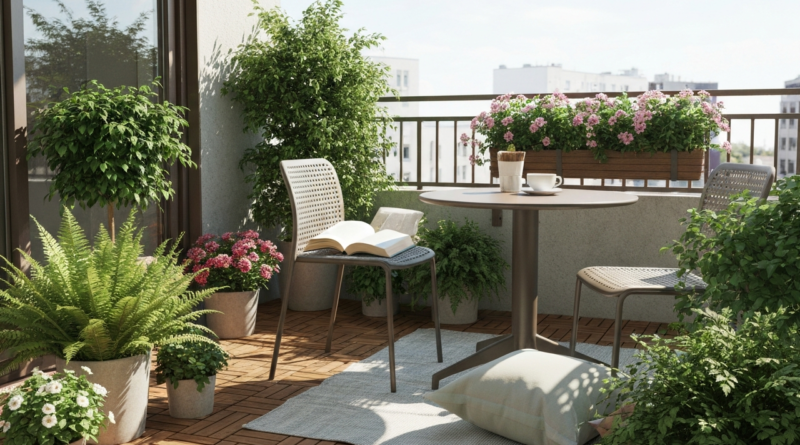 Balkon z drewnianą podłogą, zielonymi roślinami, stolikiem z kawą i książką w świetle dziennym