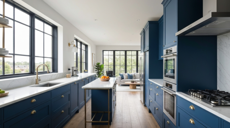Nowoczesna kuchnia z niebieskimi szafkami, białym blatem i drewnianą podłogą w naturalnym świetle.