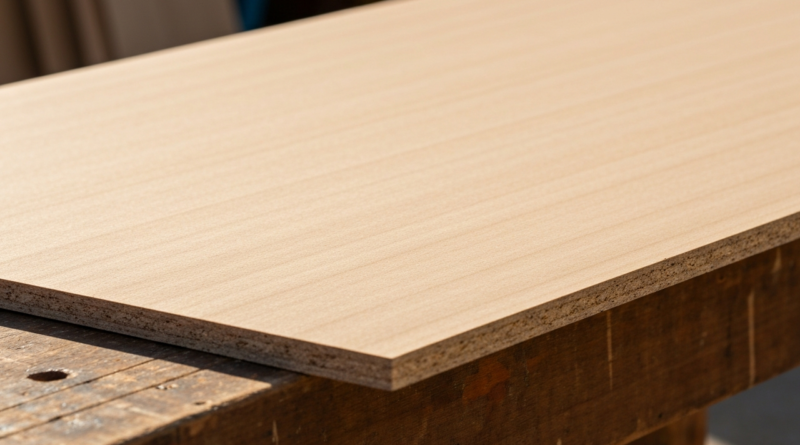Zbliżenie na płytę HDF o gładkiej powierzchni z widocznymi włóknami drewna na stole roboczym